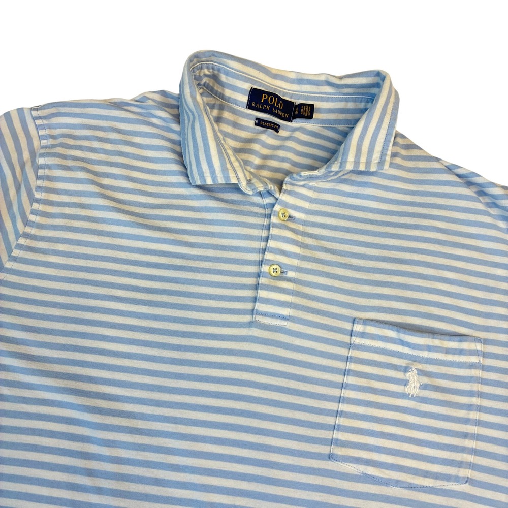 Polo Ralph Lauren Polo Shirt‎ Mens XL Blue White Striped Classic Fit Pocket Pony